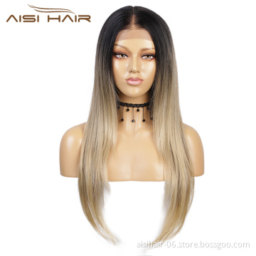 Aisi Hair Wholesale Long Silky Straight Wig Lace Ombre Blonde Dark Root Wig Cheap Synthetic Hair Lace Front Wigs For Black Women